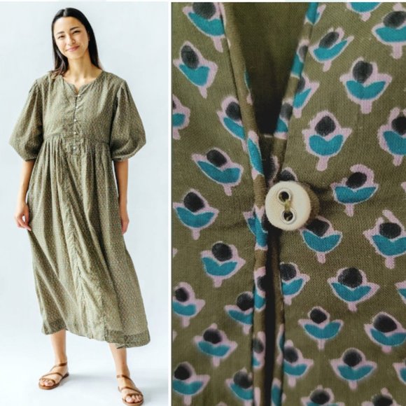 MIRTH Dresses & Skirts - MIRTH Long Sleeved Midi House Dress Caftan w/Block Printed Ivy Tulip Pattern